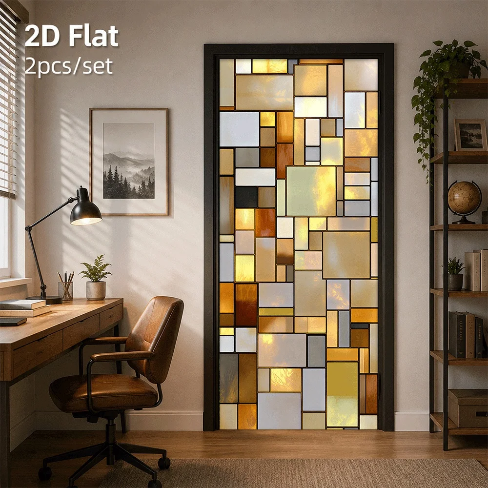 1 piece of this door sticker adopts mosaic art design, blending with 2D flat color tones such as gold, brown, and gray