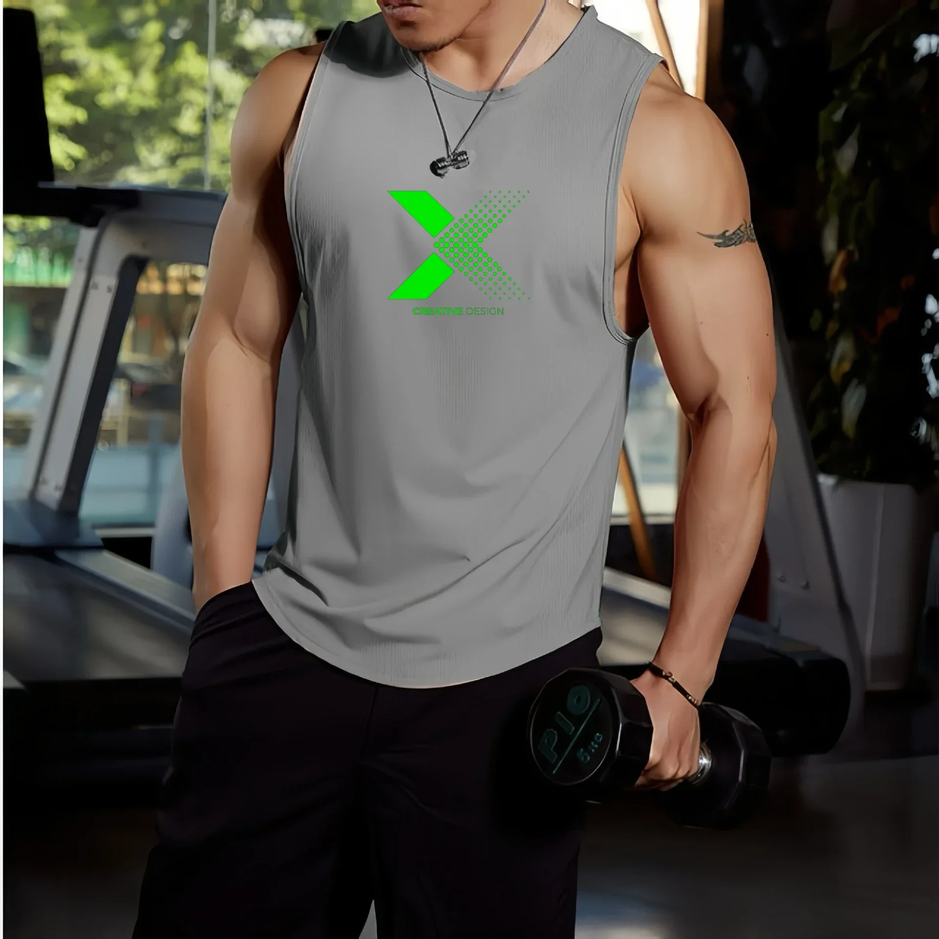 

Fluorescent Green X Print Men's Tank Top Gym Workout Vest Stylish Street Fashion Sleeveless Shirt
