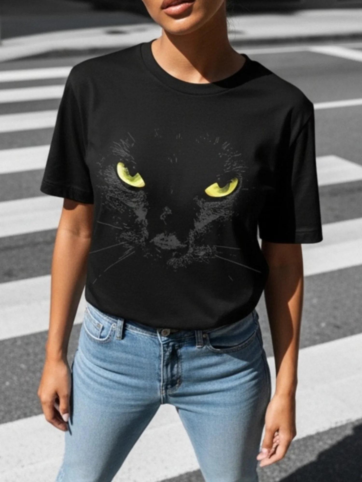 Women's Casual T-shirt with Simple and Black Cat Pattern Short Sleeved Round Neck for Summer Fun Printing Machine Washable