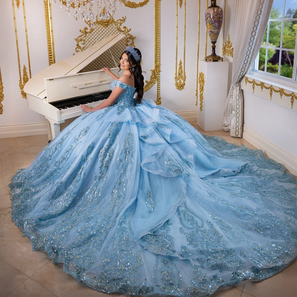 Customized Glittered Sky Blue Quinceanera Dresses Sequin Sweetheart Off Shoulder Ball Gown Vestidos De 15 Años XV Brithday Dress