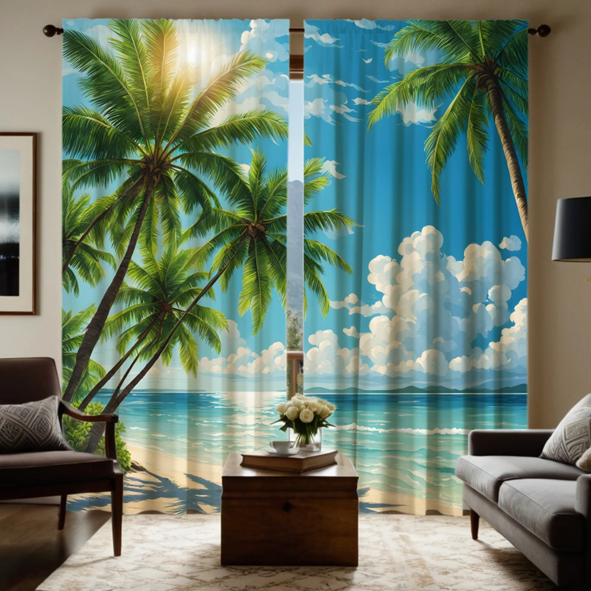 2pcs HD Aegean Sea view coconut tree decorative curtain Green tie digital printed curtain Home decoration style Decoration li
