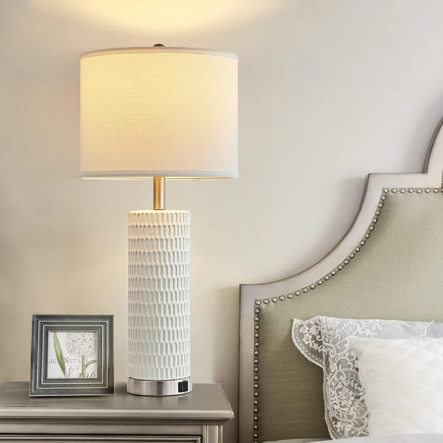 26.5 "مجموعة مصابيح طاولة سيراميك مكونة من 2 3 طرق عكس الضوء مصباح طاولة للتحكم باللمس مع 2 منافذ شحن USB لغرفة النوم وغرفة المعيشة