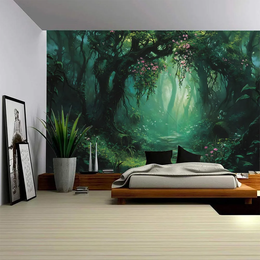 Psychedelic jungle tapestry, mysterious forest home wall decoration background poster, hippie living room and bedroom decoration