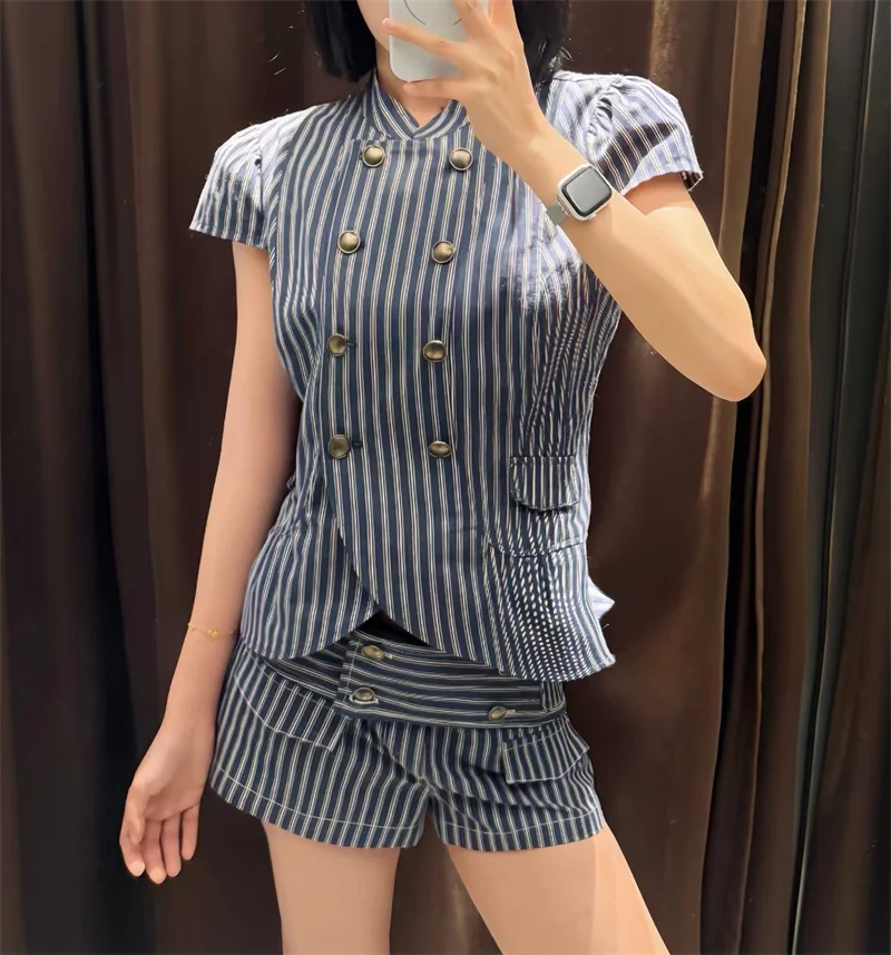 Guobioziy 2026 Women's Summer New Top Navy Blue Striped Short-Sleeve Double-Breasted Jacket Commuter Fashion Trendy Style