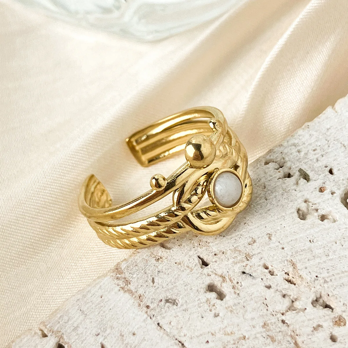 Stainless Steel Vintage Natural Stone Rings for Women Bohemian Gold Color Adjustable Double Layer Rings Finger Rings Jewelry