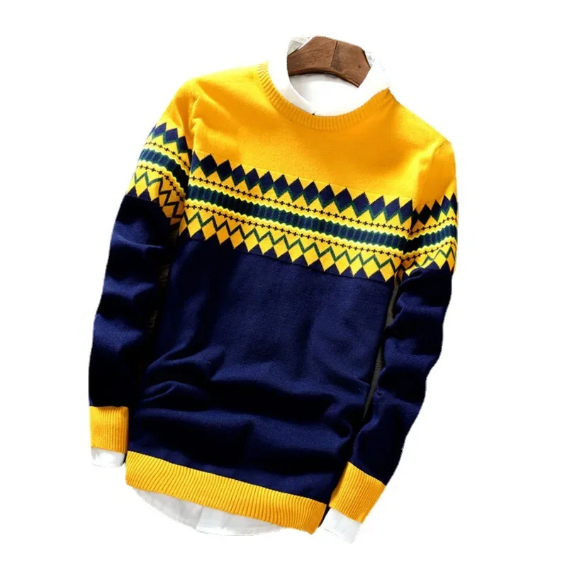 Men Spliced O Neck Jumpers Knitted Sweater Long Sleeve Pullovers Striped Casual Loose Fit Slight Strech Standard Wool Winter