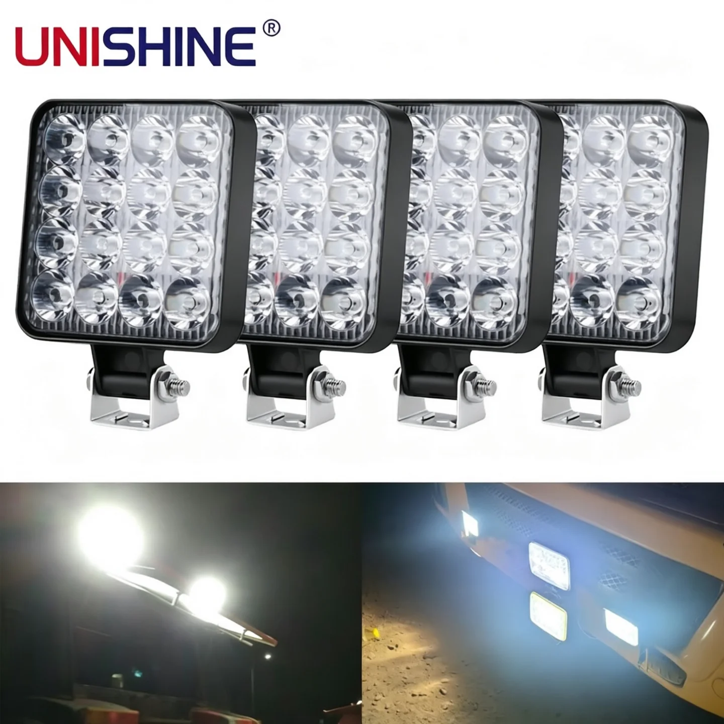 UNISHINE 48W 16 LED 12V 24V Barra Luminosa a LED Luce da Lavoro per Auto Trattore Barca Camion 4X4 4WD SUV ATV Uso Fuoristrada Fari a LED per Auto SUV ATV