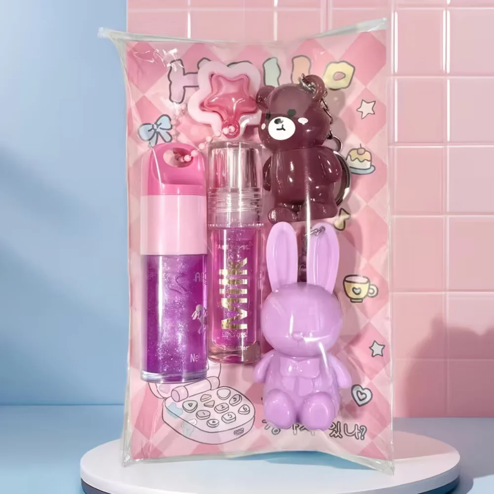 クマのキーホルダー、マットバニーリップスターペンダント、ファイングリッターリップグロス、透明ジェリーシャインリップオイル4個セット、長持ちするリップスティック