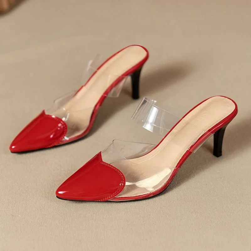 European style sexy heart-shaped transparent headband slippers Summer fashionable pointed-toe highheeled flipflops Women's shoes