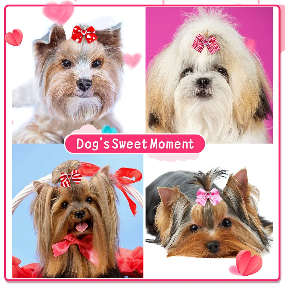 80PCS Valentine's Day Puppy Bows Rubber Bands Red Style Dog Bows With Diamonds Wholesale Pet Grooming Accessories For Dogs
