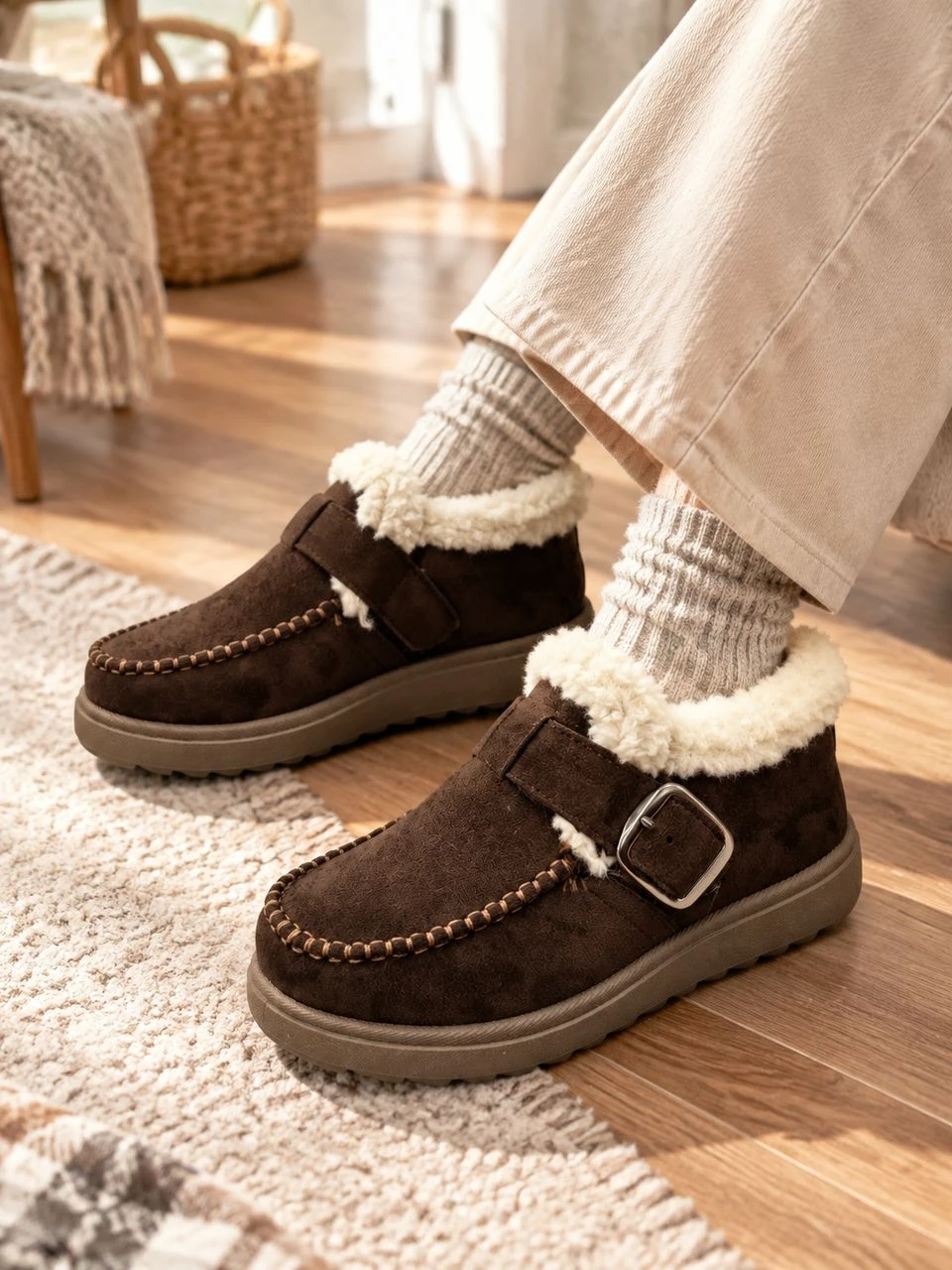 Damen Winter Plüsch Warme Baumwollschuhe, mit Schnallenriemen, Lässige Stiefeletten, Lässige Flache Schuhe – Detail 6