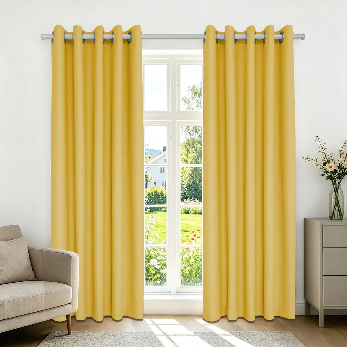 Mustard Yellow Solid High‑Density Blackout Curtain, Grommet Top, Privacy Window Curtain for Bedroom Living Room, 2 Panels