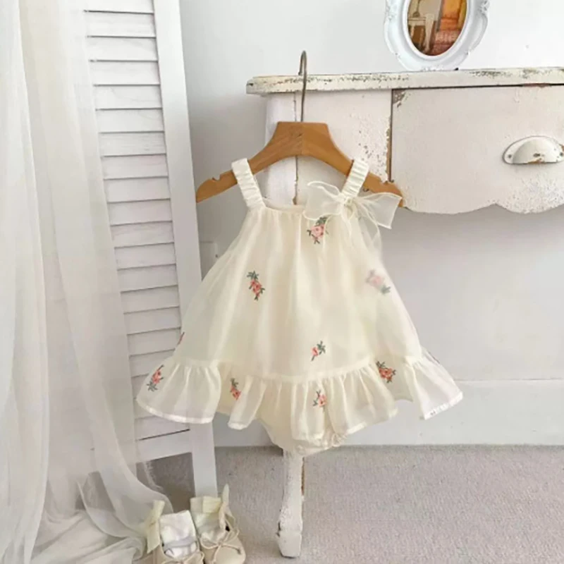 Newborn Baby Girl Summer Romper Thin Floral Embroidered Skirted Jumpsuit Lightweight Infant Layered Playsuit