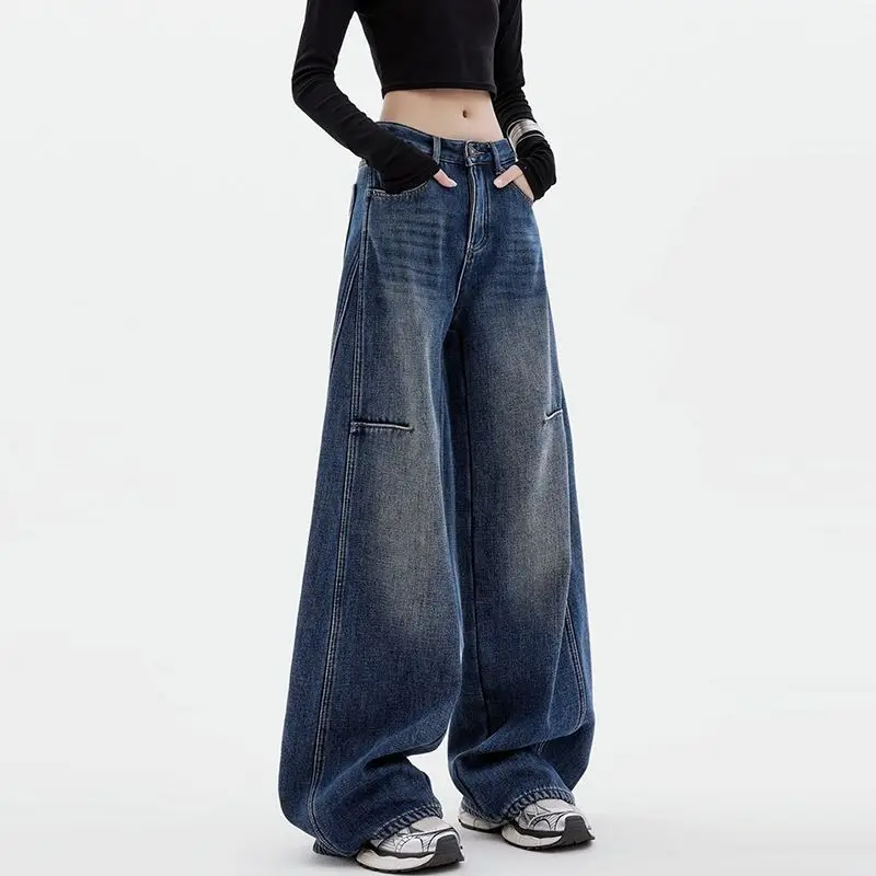 

Blue Jeans Wide-Leg Pants For Women Loose Casual Straight-Leg Trousers Spring Autumn Student Floor Pants Soft Comfort Denim