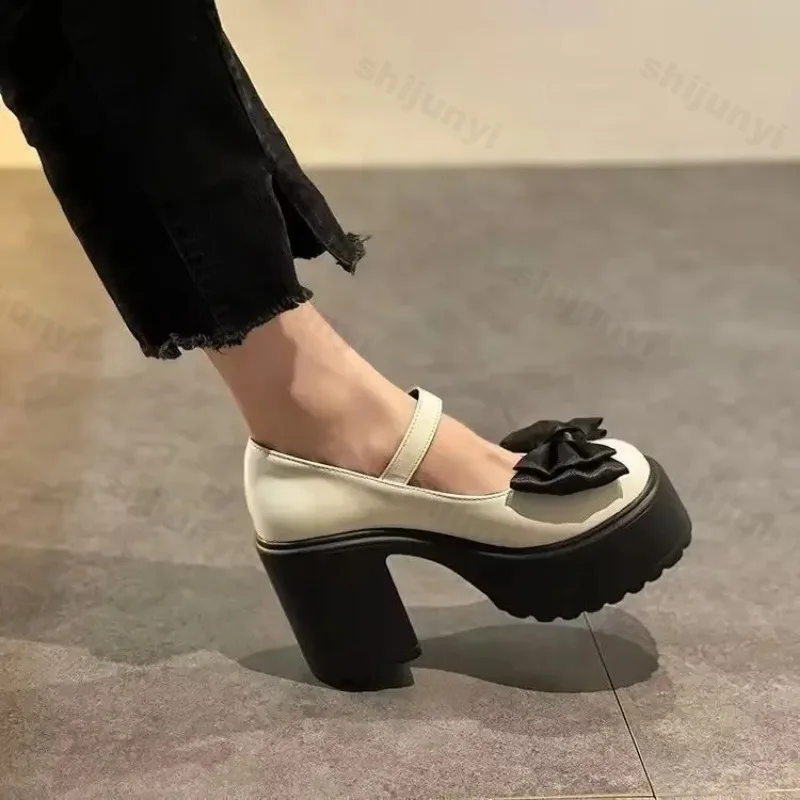 Platform Mary Jane Shoes 2024 New Women\'s Shoes Fashion Bowknot Thick Heel Pumps Trendy Street Lolita Shoes Round Toe High Heels