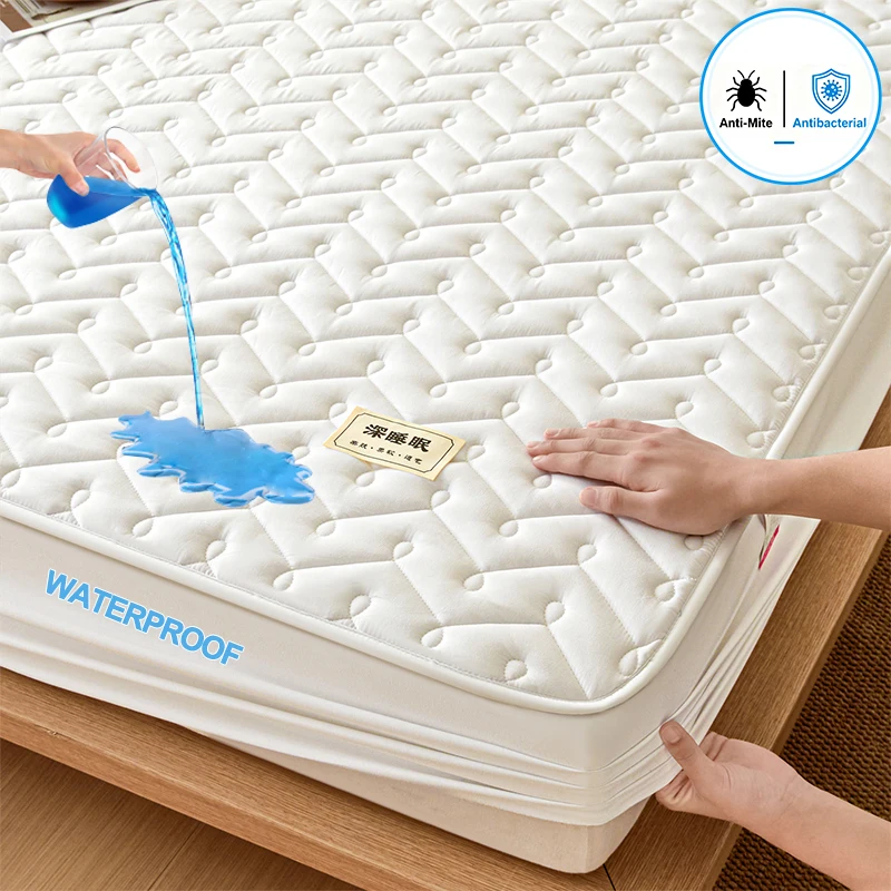 Waterproof Quilted Microfiber Mattress Protector, Antibacterial Mattress Cover Anti-Mite Fitted Sheet, Soft Non-Slip Silent
