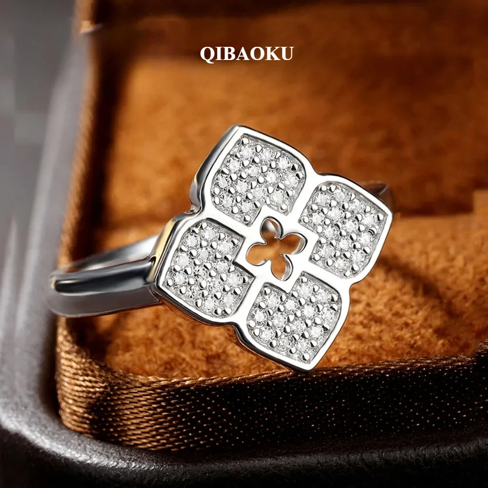 QIBAOKU Four-leaf Clover Moissanite Rings for Women Engagement Wedding Flower Ring GRA S925 Silver Plated 18k Gold Gifts 2026