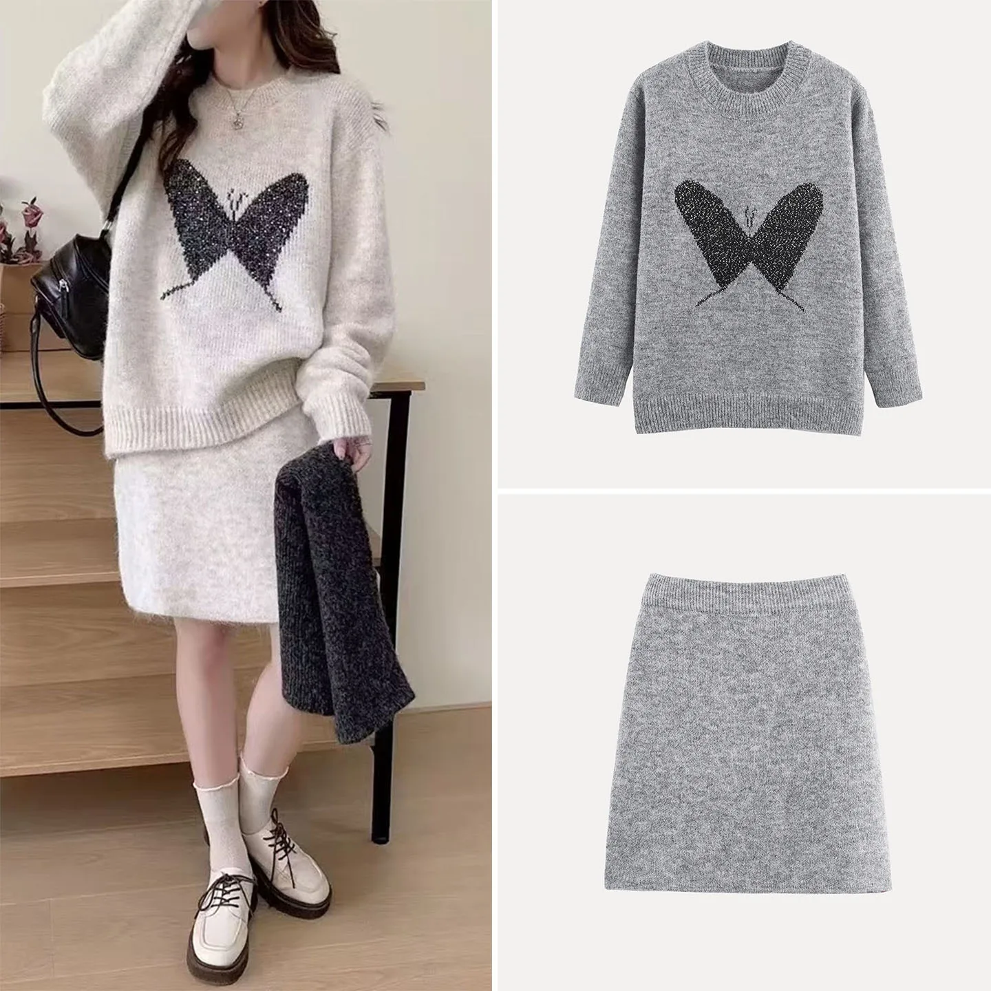 ชุดเสื้อสเวตเตอร์ถักทรงกลมและกระโปรงสำหรับผู้หญิง ฤดูร้อน 2025 สไตล์ลำลอง แขนยาว กางเกงขายาว สวมใส่ได้ทุกฤดู