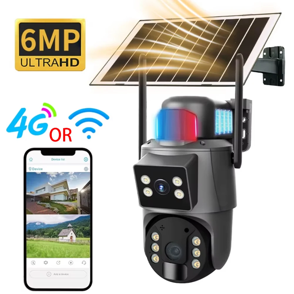 Ubox 4G Sim Card OR WiFi 6MP Dual Lens Solar Outdoor Motion Tracking PTZ PIR Spotlight Security CCTV Camera Red Blue Light Alarm