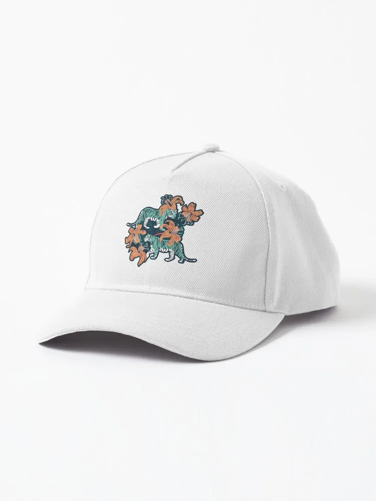 Tigers In A Tiger Lily Garden // Textured Navy Blue Background Spearmint Green Wild Animals Papaya Orange Flowers Cap