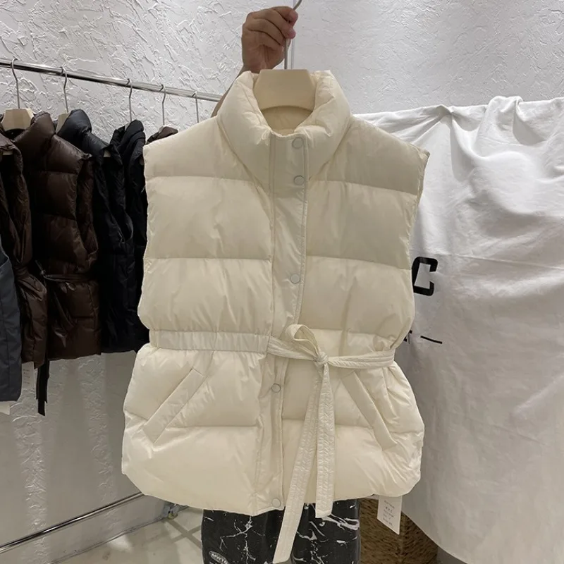 Koreaanse Chique Strik Slanke Taille Sweet Down Vest Opstaande Kraag Mouwloos Losse Casual Parka 'S Vest Winter Warm Gilet