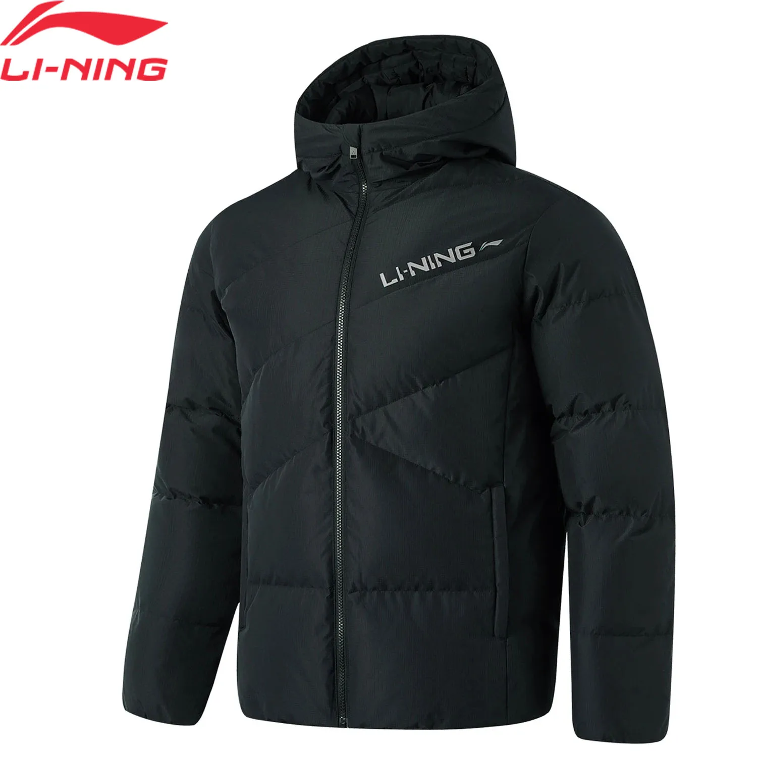 Li Ning Мужской короткий пуховик для фитнеса PFC-FREE WATER REPELLENT Зимнее тепло Обычное спортивное пальто с подкладкой из 80% утиного пуха AYMU079