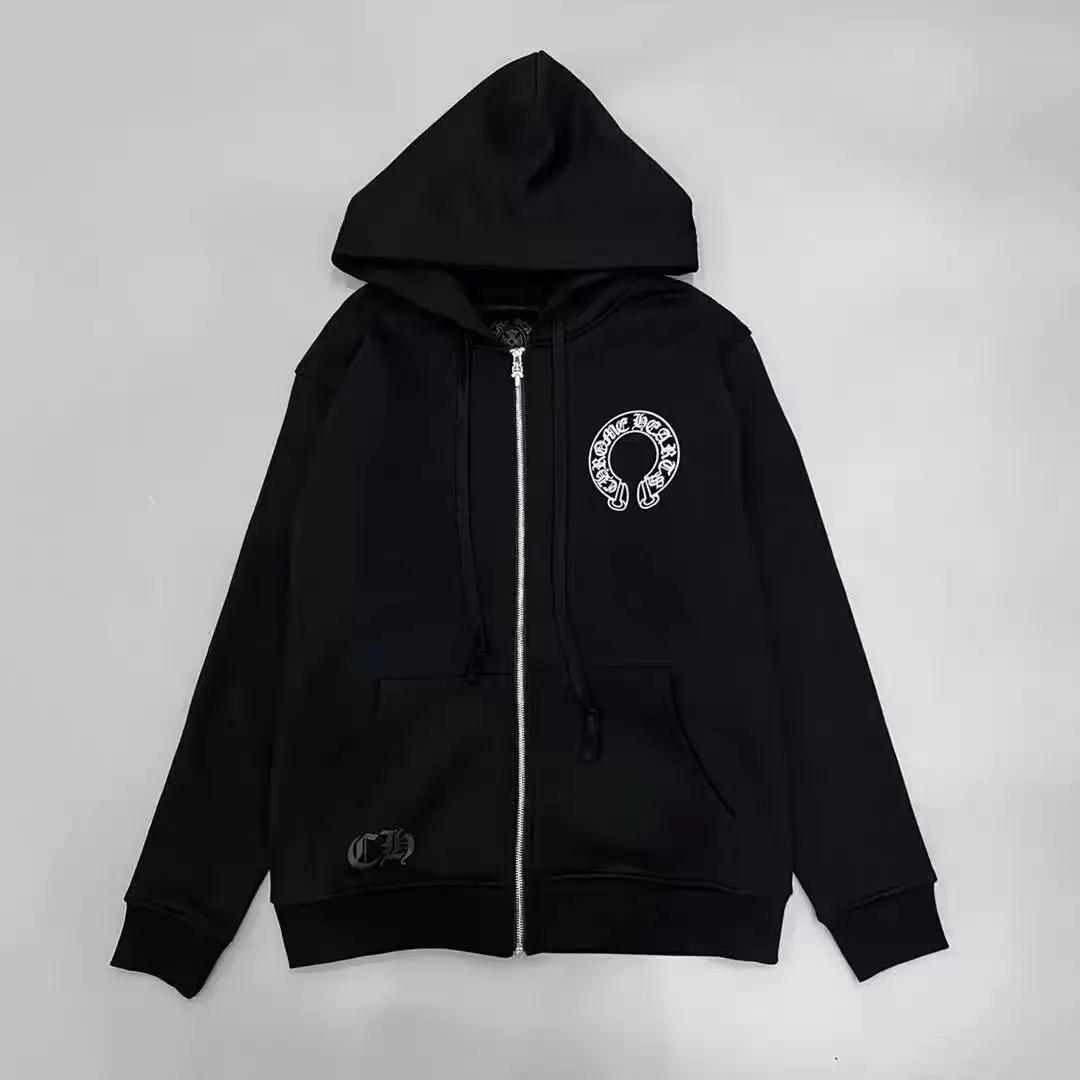 2025 Trendy Brand Autumn/Winter Sanskrit Letter Printed Cross Horseshoe Hooded Zipper Cardigan Coat Men's and Women's Hoodies