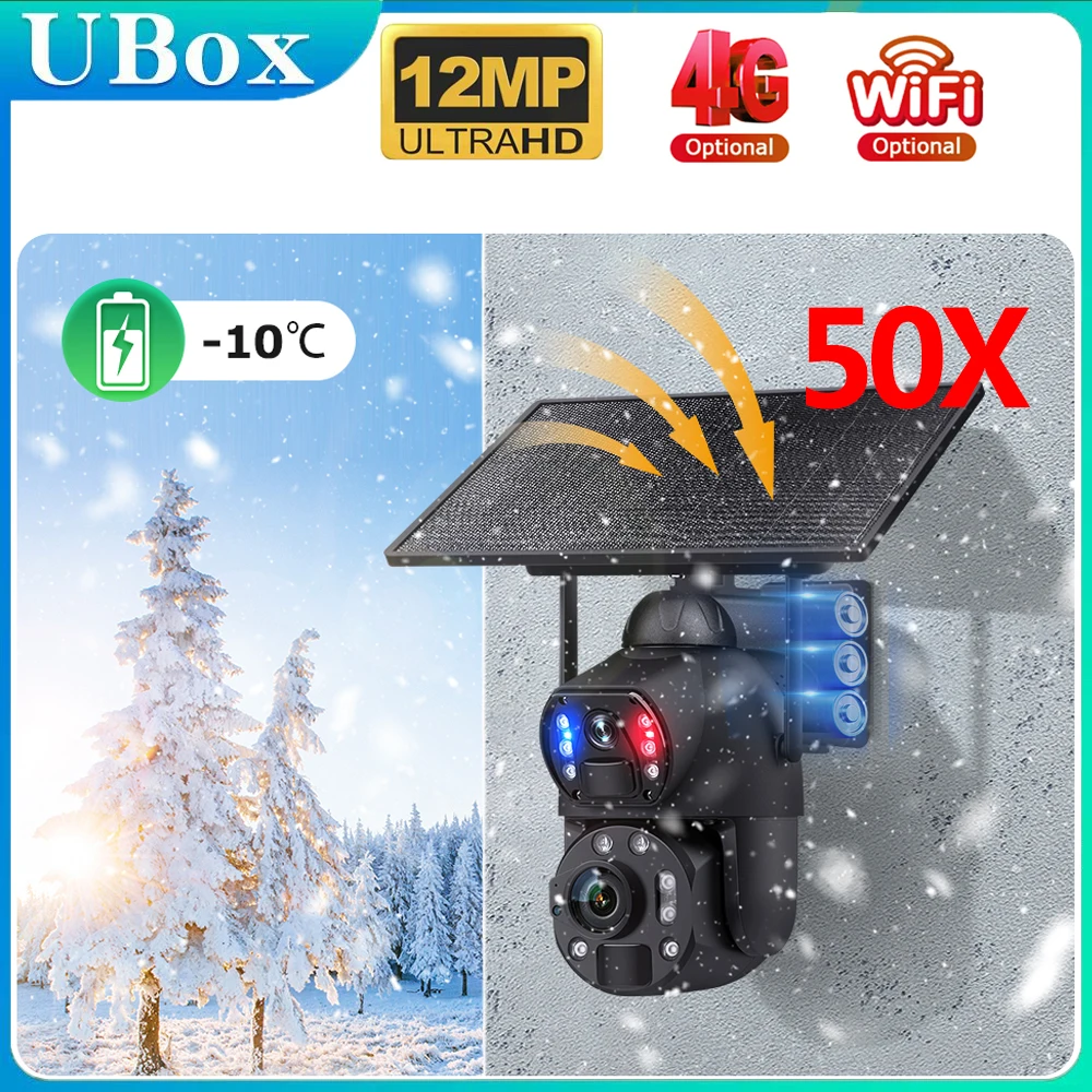 INQMEGA 6K 12MP 50X Zoom 4G Solar Camera Dual Lens Dual Screen Human Detect Auto Tracking Outdoor 10W Solar Panel WIFI CCTV