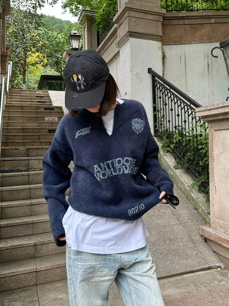 

Мужской вязаный свитер с V-образным вырезом и длинными рукавами из синей норки, осенне-зимний, в американском стиле, для ношения под одеждой, с эффектом высококачественного комфорта