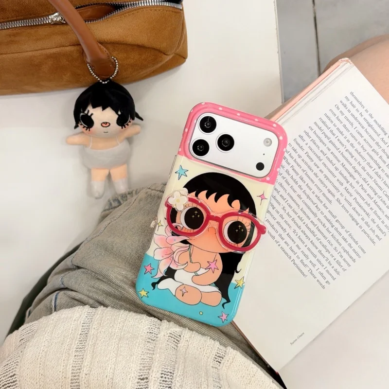 Korean Cute Cartoon Sunglasses Big Eyes Girl Phone Case For iPhone 15 16 17 Pro Max 16pro 17Pro 3D Anime Girl shockproof Cover
