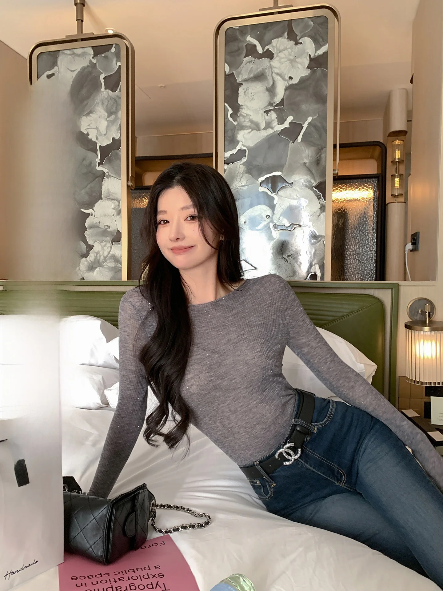 

ADA MISS Women's Slim Fit Knitted Base irt Spring New Sle Soft Wool Long Sve One oulder Pearl Bead Light Thin Breath...