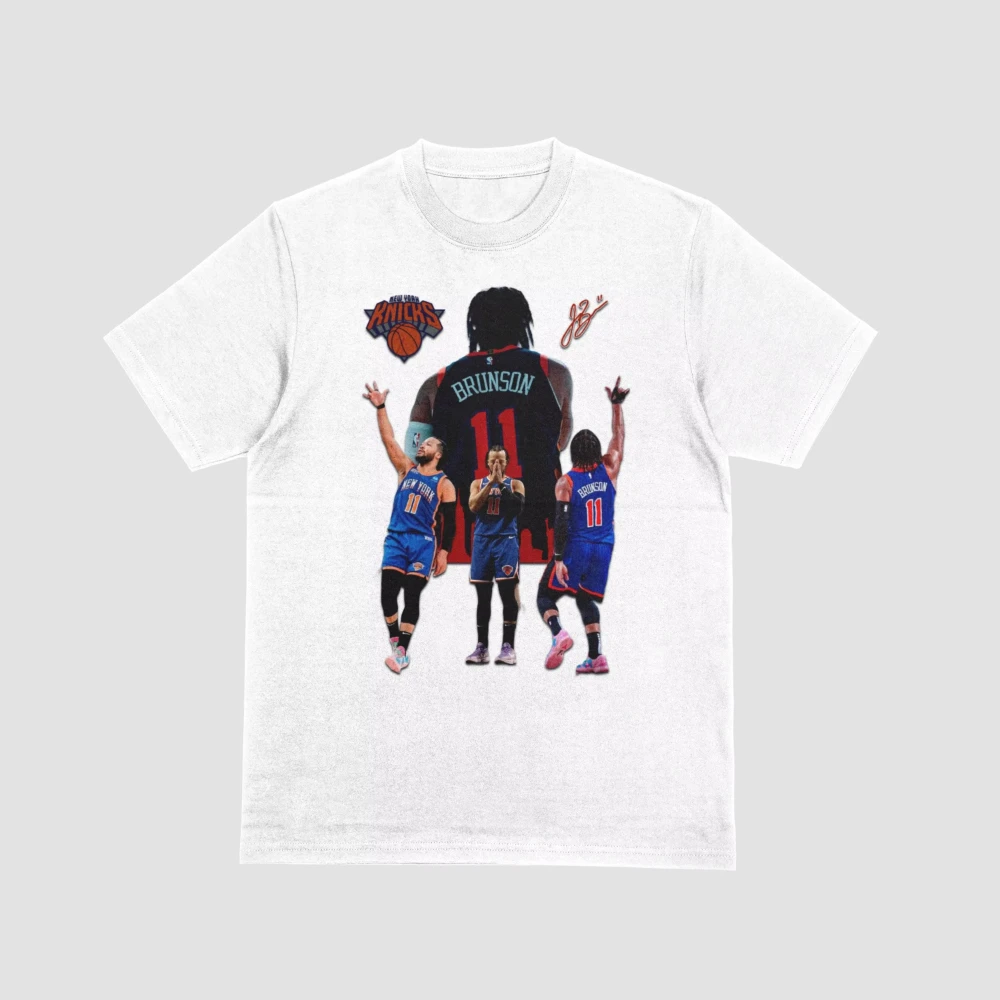 Jalen Brunson New York Knicks #11 Portrait Collage T Shirt Basketball Player Signature Graphic Cotton Short Sleeve Unisex Tee