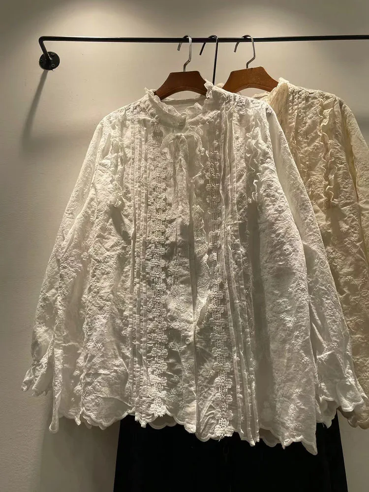 

Spring Autumn Loose Fit Pure Cotton Long Sve irt Women's Faion Floral Embroidery Collar Single Button Casual irt