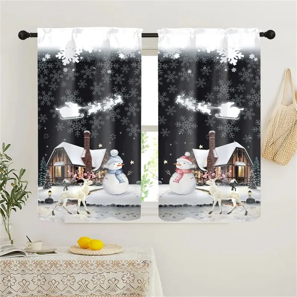 2pcs Cafe Curtains Christmas Snowman Snowflake Half Blackout Curtain For Bedroom Living Room Window Kitchen Office Home Kitchen