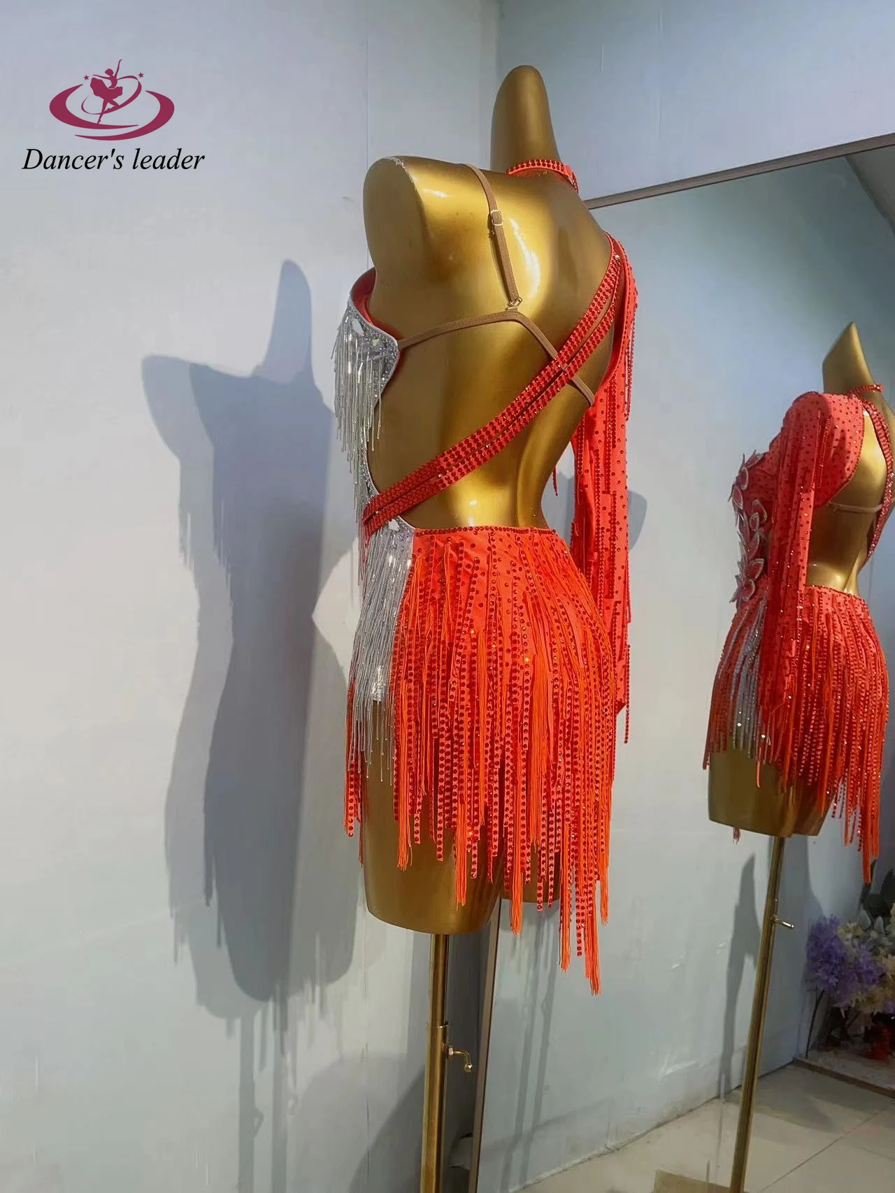 라틴 댄스 무대 여성용 고급 맞춤형 슈퍼 플래시 로터스 디자인 삼바 라인스톤 공연 의상 드레스