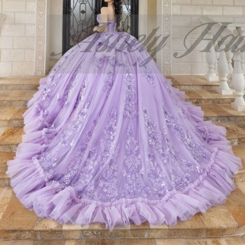 

Сиреневое платье Quinceanera по индивидуальному заказу, бальное платье с блестками, кружевная аппликация, рюшами и бантом, вечерние женские платья для выпускного вечера, милое платье 16, Vestido De 15 Anos