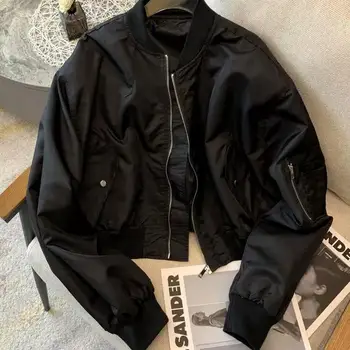 여성용 보머 재킷, 지퍼 긴팔 코트, 크롭 재킷, 맨투맨 포켓 패치워크 상의, 루즈 캐주얼 아우터, 용수철 가을 