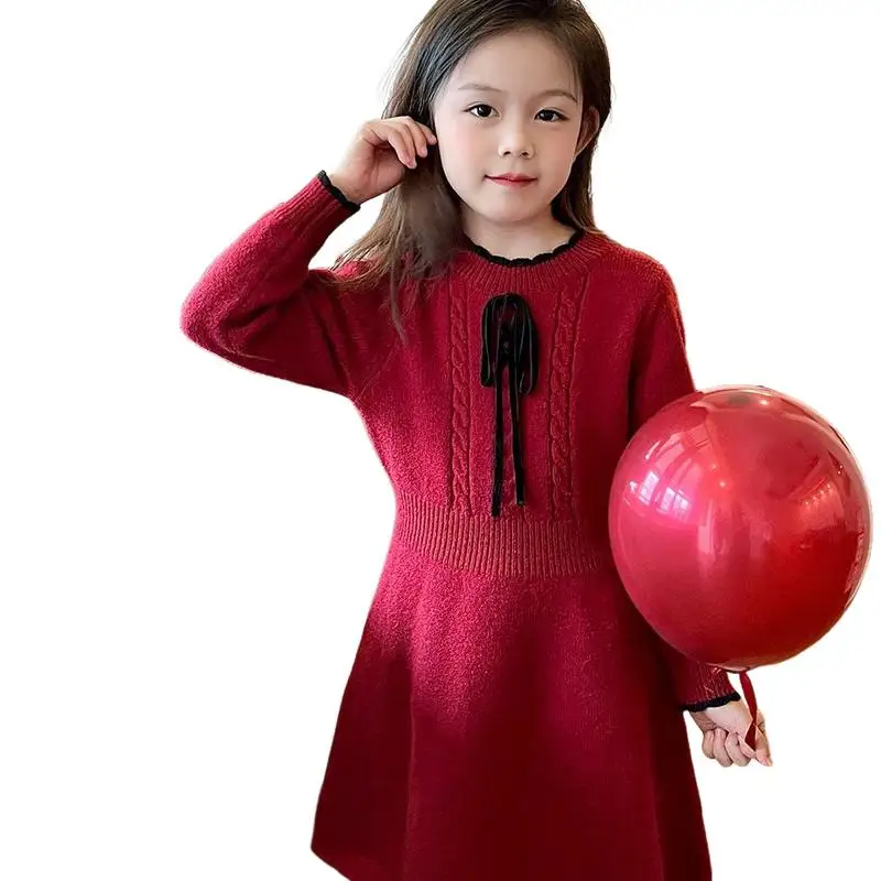 Girls Red Knit Dress New Autumn Winter Stylish New Year Holiday Outfit for Little Girls Chinese New Year Dress Fashion Clothing