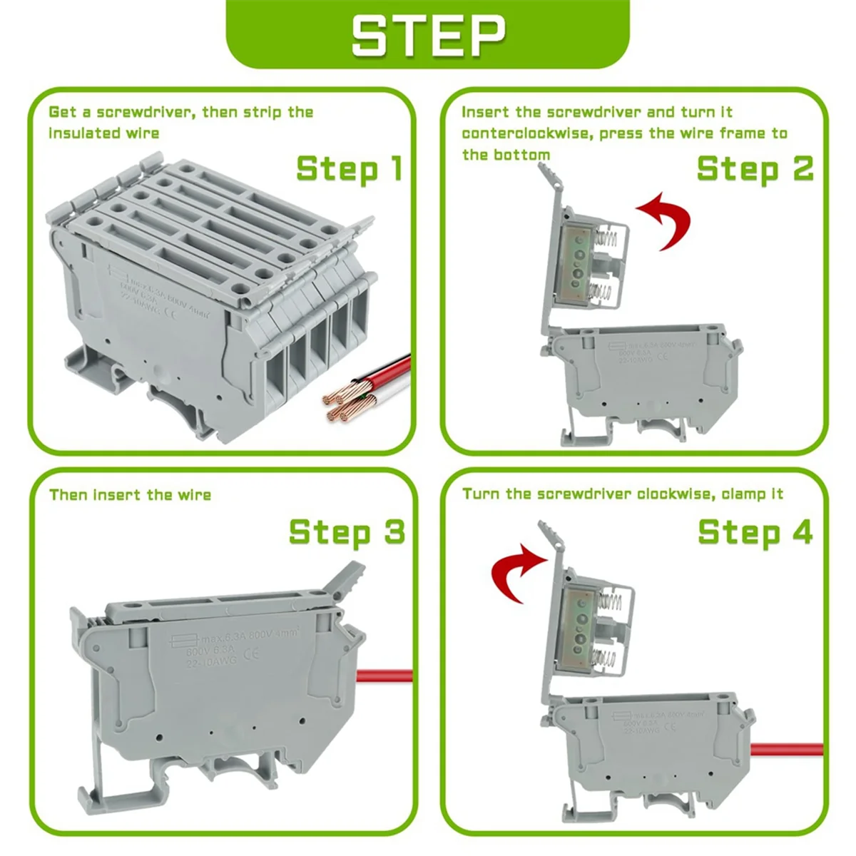 側面ポストバッテリーターミナル UK5-UK5RD LED付きDINレールヒューズ端子台断路器端子ブロックネジクリップ（6個パック）