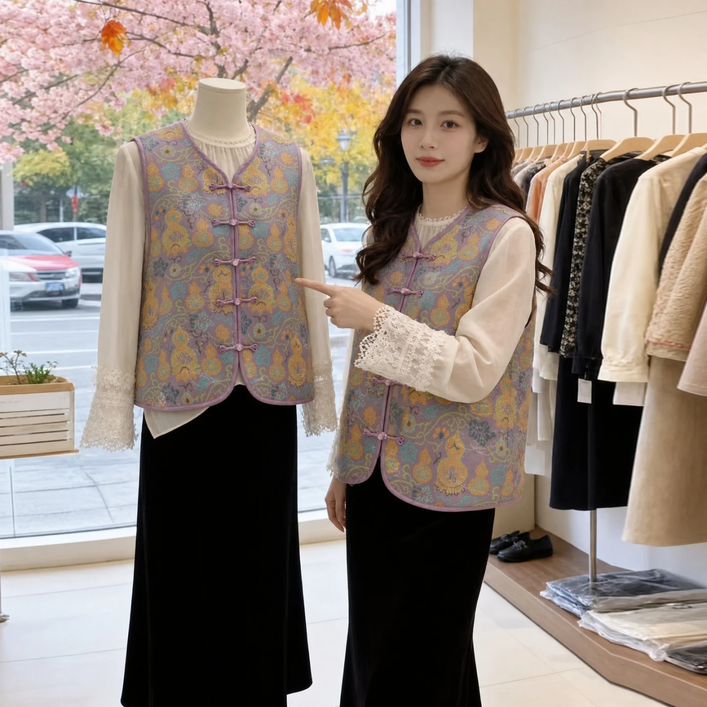 New Chinese Style Satin Thickened Warmth Women's Vest Spring Autumn Winter Sleeveless Outerwear Floral Patterned Unisex