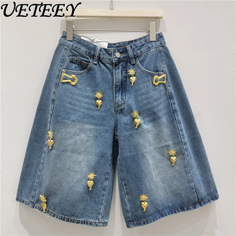 

Модные повседневные короткие джинсы в американском стиле с металлическим декором, женские летние шорты с высокой талией, утягивающие, прямого кроя