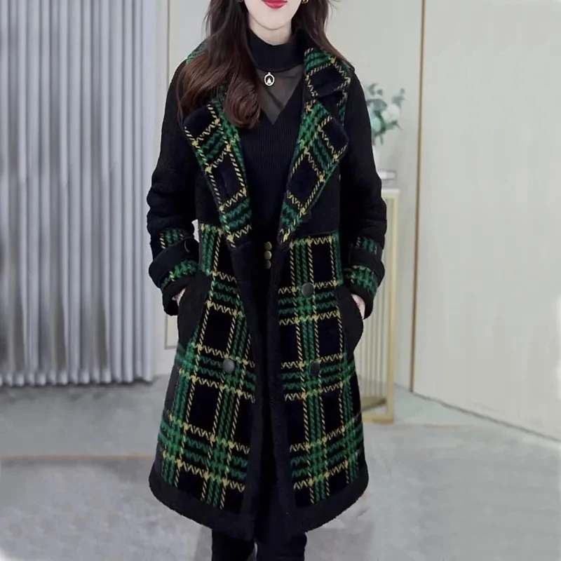 

Thicke Plaid Woolen Windbreaker Jacket Women's Overcoat 2023 Autumn Winter Slim Lamb Plush Wool Coat Female Warm Parker Coats