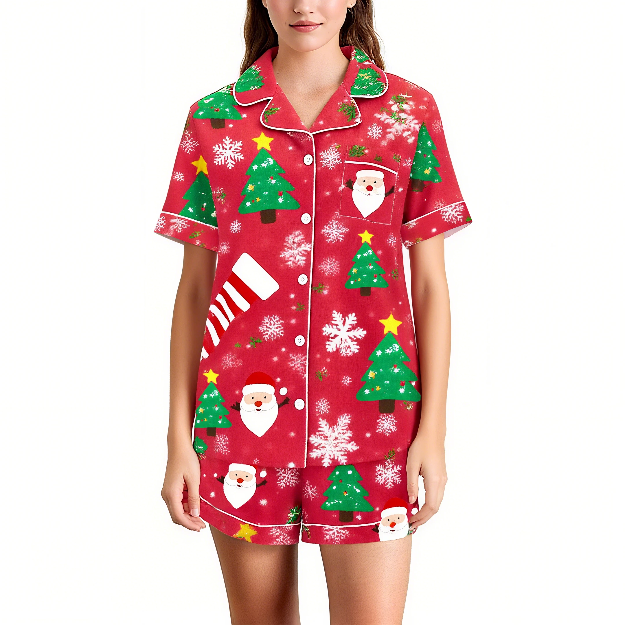 

Женский рождественский пижамный комплект из двух предметов, топы на пуговицах с короткими рукавами и шорты с эластичной резинкой на талии