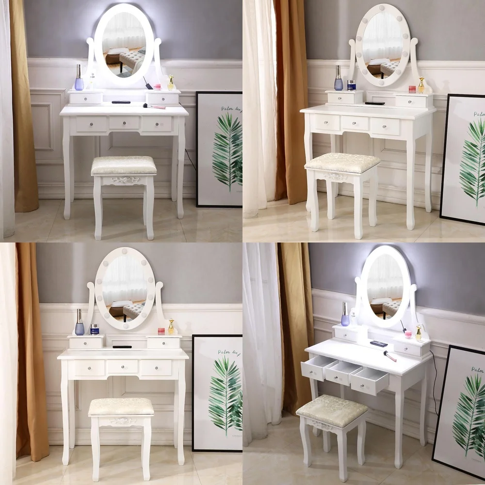 

Makeup VanitiesLED Lighted Makeup Vanity Table with 5 Drawers Wooden Dressing Desk for Beauty Lovers