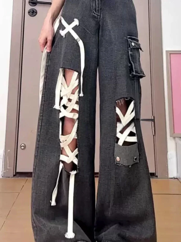 Jeans Women Hollow Out Bandage Streetwear Fashion Y2K Design Full Length Button High Waist Casual Denim Trousers All-match 2024