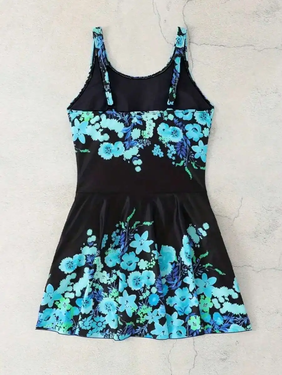 

Floral One-Piece Swimsuit With Tummy Control Skirt, Square Neck, High Stretch Fabric, Blue Print On Black