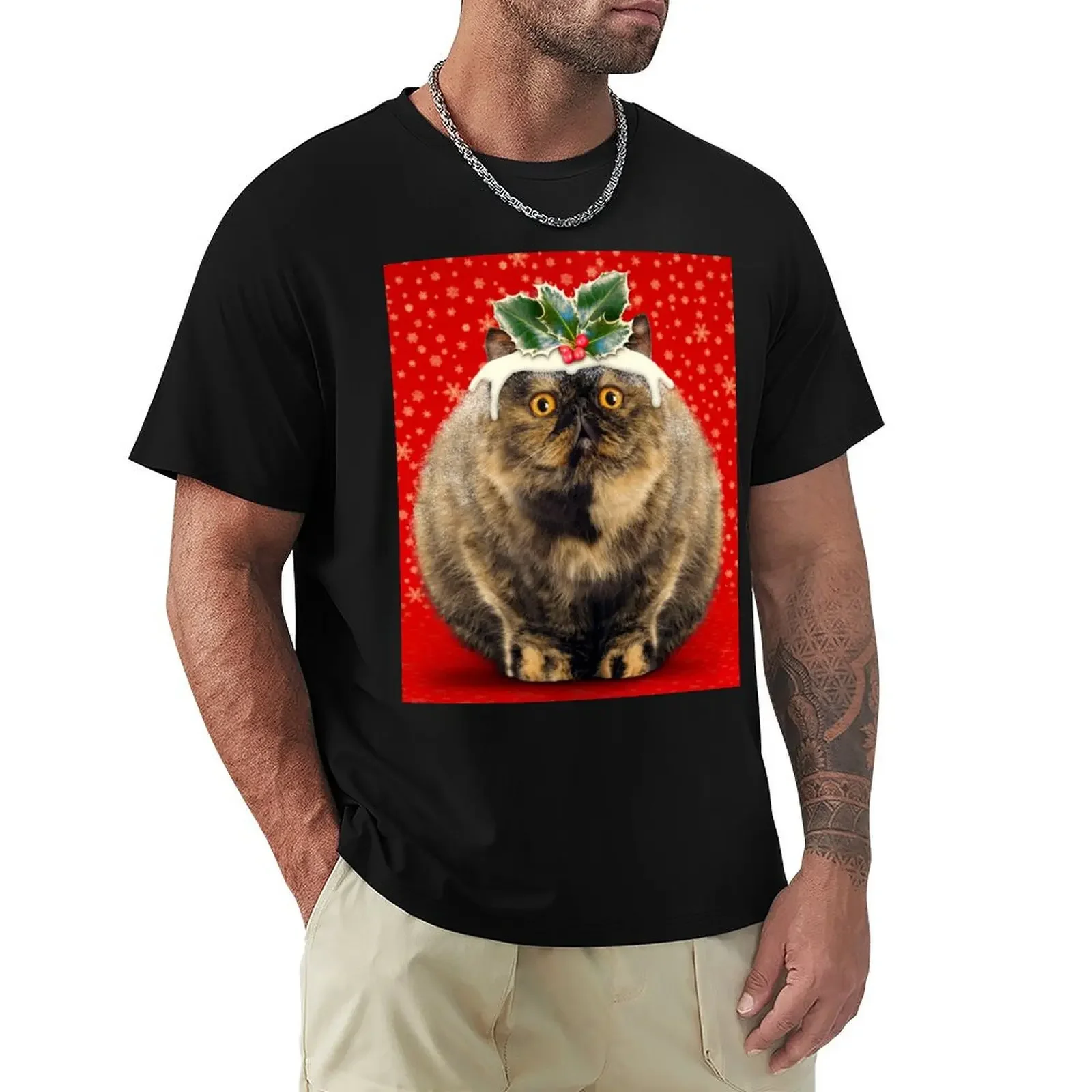 

Funny Fat Christmas Pudding Cat T-Shirt tops summer tops Aesthetic clothing custom shirt men clothing