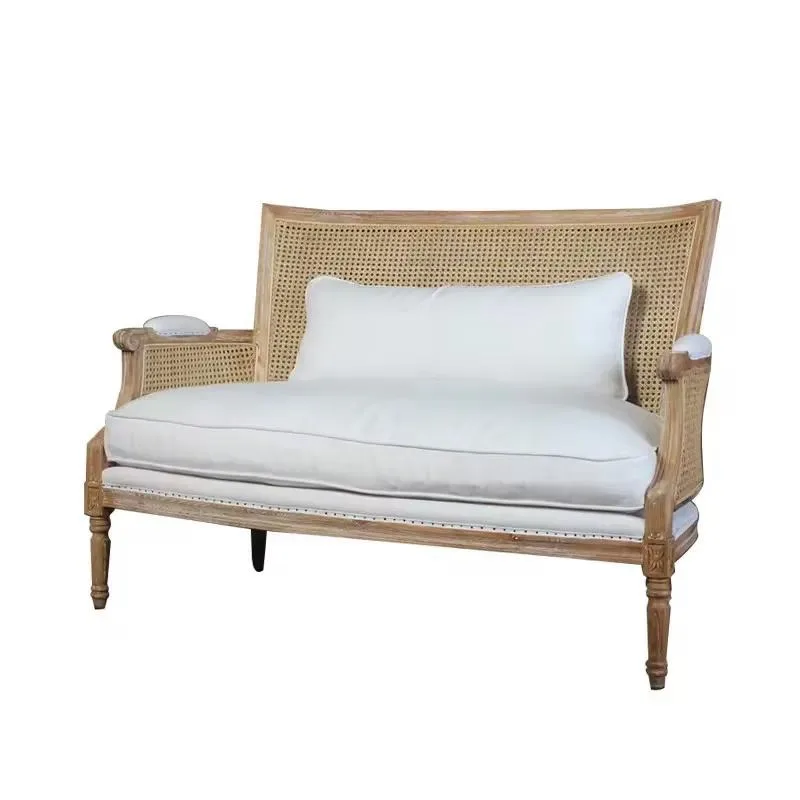 French Solid Wood Rattan Double Sofa Retro Lounge Chair for Living Room Hotel Villa