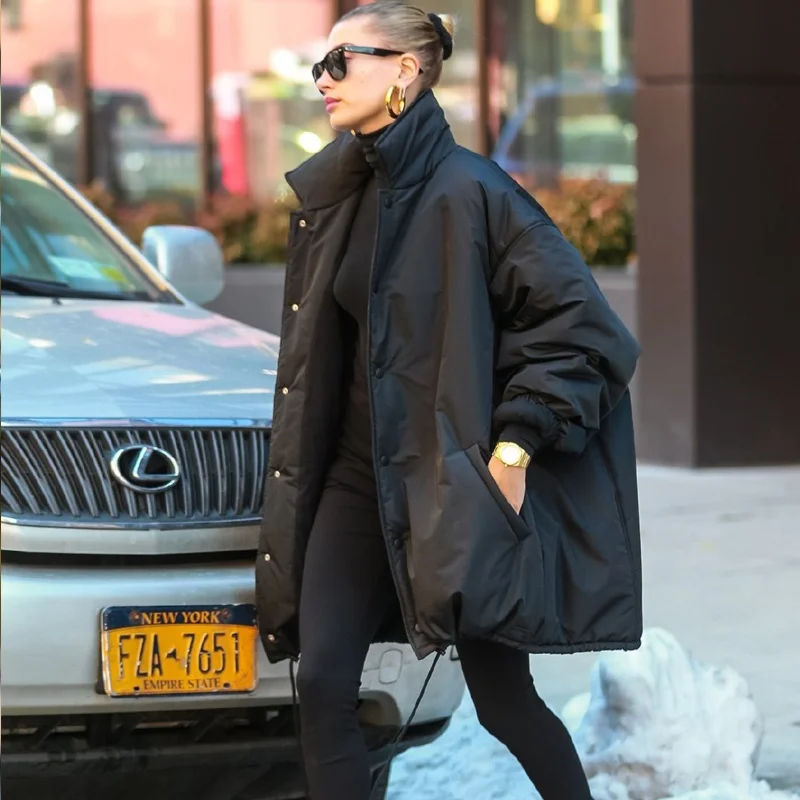 

Hailey Women's Loose Long Black Warm Cotton Jacket Street Style Stand Collar Single Button Closure Regular Sleeve Length