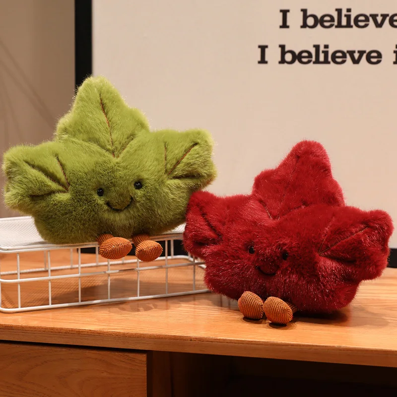 Kawaii Maple Leaf Wild Boar Doll Lie Down Green Plush Animal Pig Pillow Toy Red Ornament Soft Gift Foe Kids